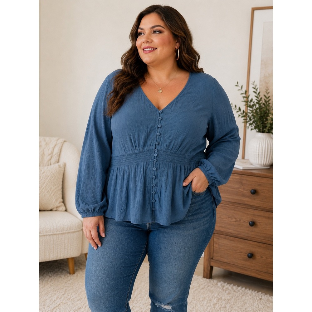 Torrid Blue Babydoll Blouse Size 1 Plus Size Long Sleeve Button Front Top